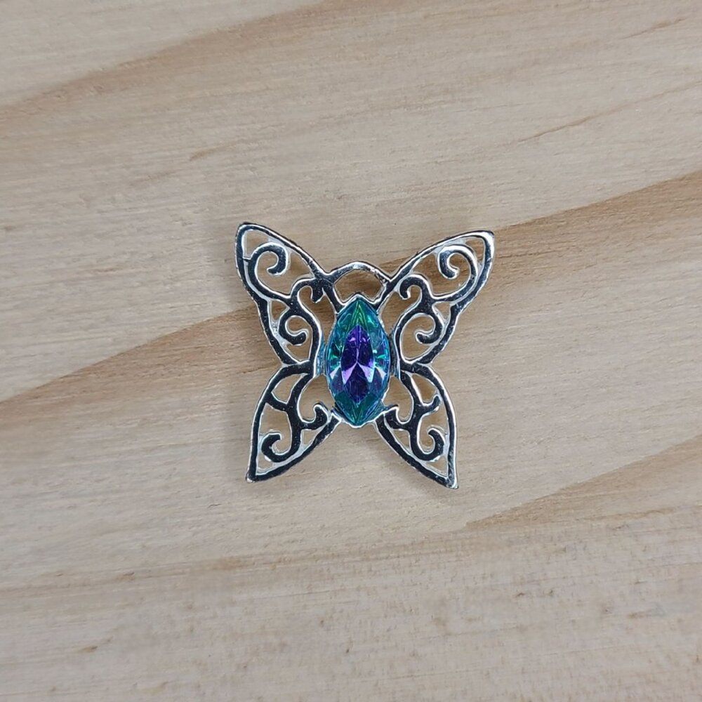 Vtg Sterling Silver Butterfly Marquise-Cut Aurora Borealis Crystal Pendant 0.5" - Picture 2 of 7